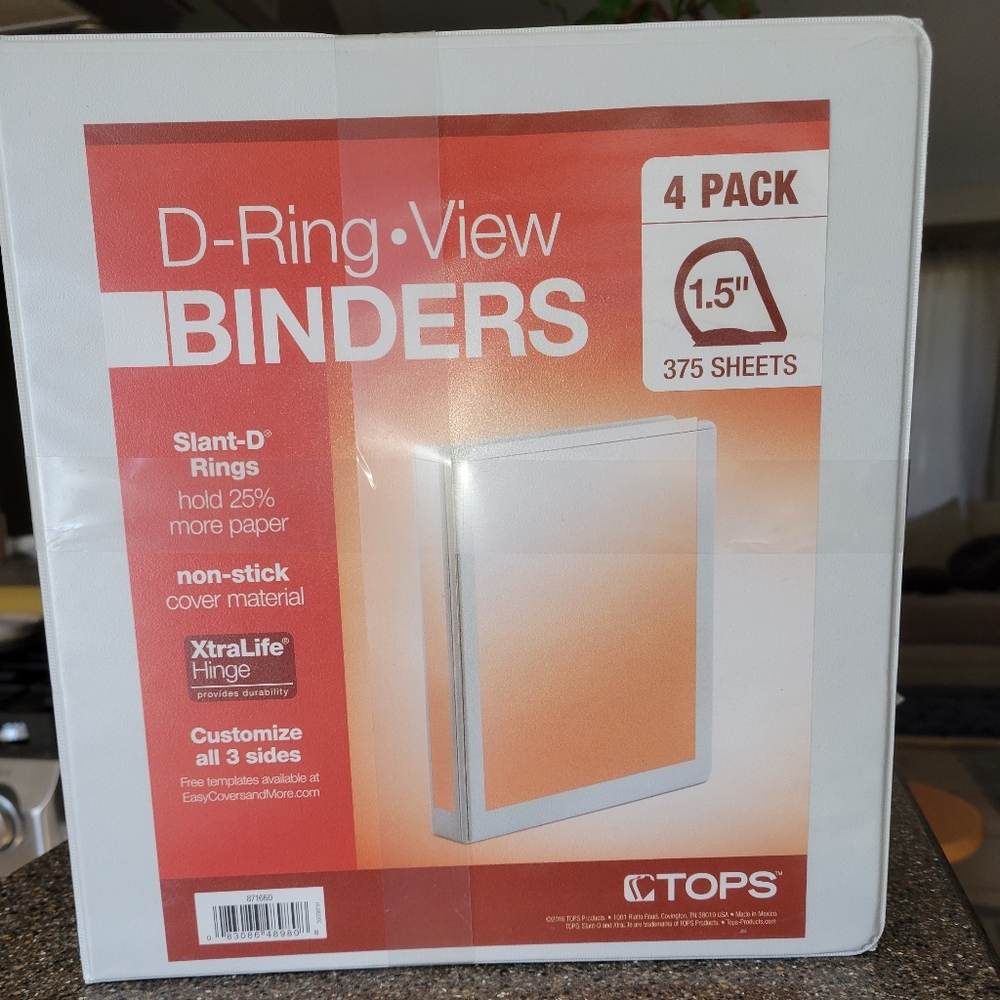 Tops 1.5" White D-Ring View Binders (4-pack) Non-Stick X-tra Life Hinge
